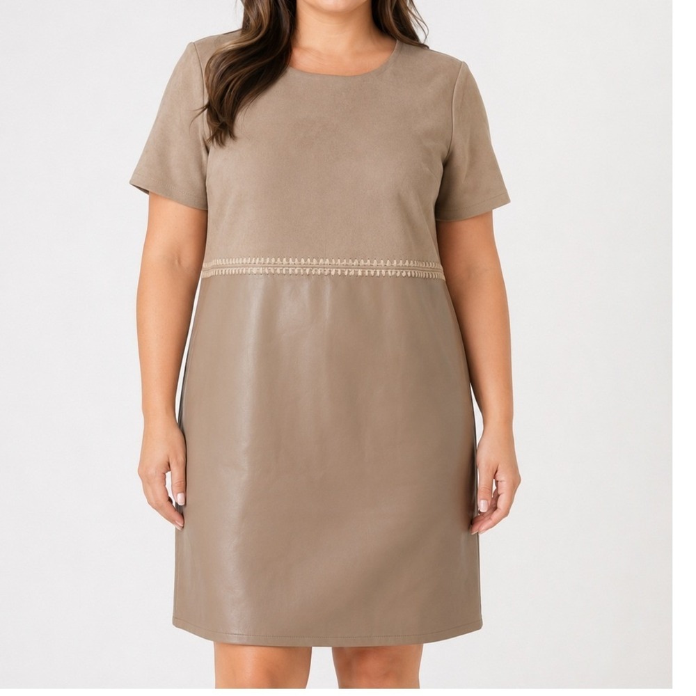Loveriche‎ Womens L Taupe Mixed Media Faux Leather Shift Dress NWT